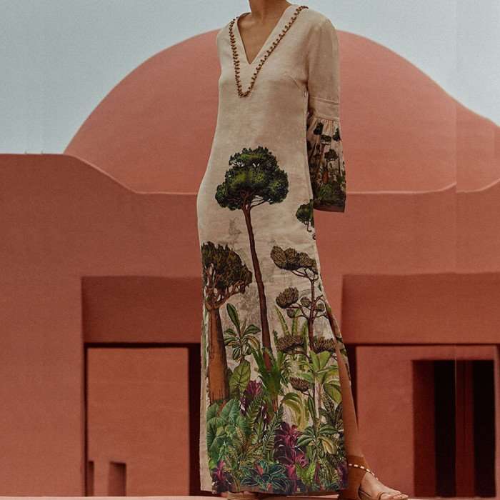 Flared Sleeves Side Split Loose Lady V-neck High Waist Party Vintage Pattern Printed Patchwork Long Dress