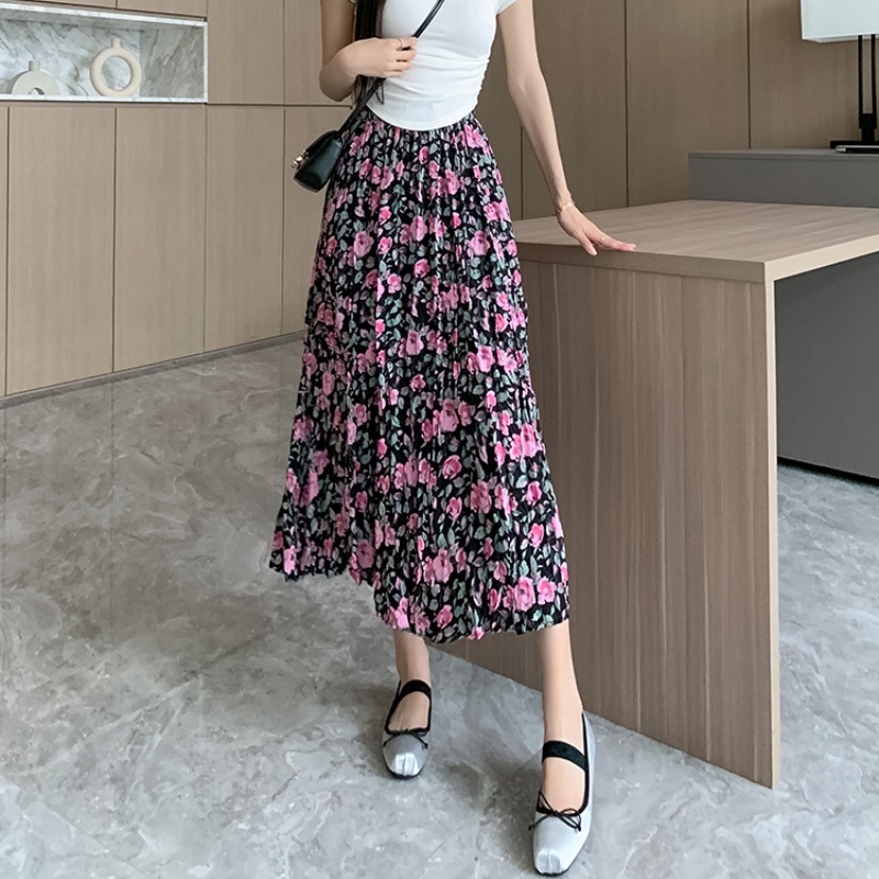 Fashion Floral Print Pleated Long Skirts Elastic High Waist Skirt