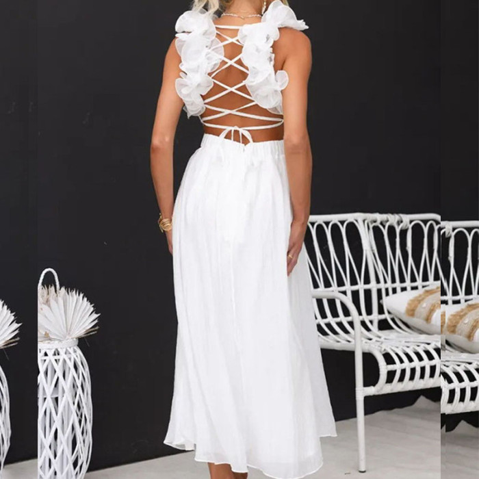 Elegant V Neck Cross Pleated Sexy Hollow Out Backless Lace Up Slim Long Dress