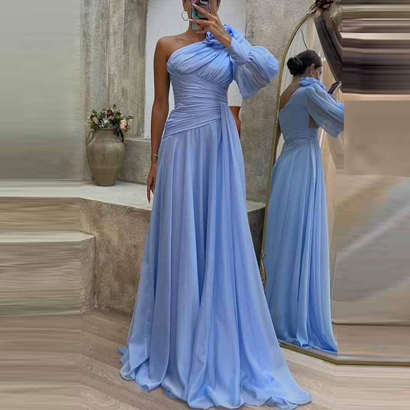 Casual One Shoulder Sleeve Split Party Fashion Solid Pleated  Elegant Diagonal Collar Chiffon Long Dress