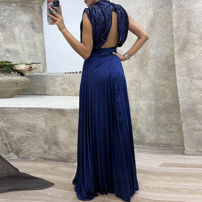 Elegant Backless Pleated O-neck Sequin Patchwork Fashion Sleeveless Lace Up High Waisted Dress