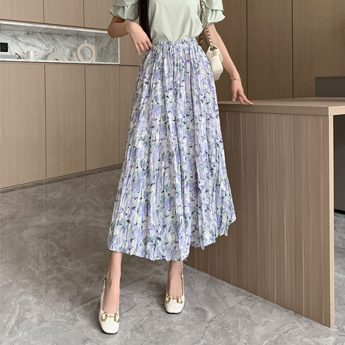 Fashion Floral Print Pleated Long Skirts  Elastic High Waist Skirt