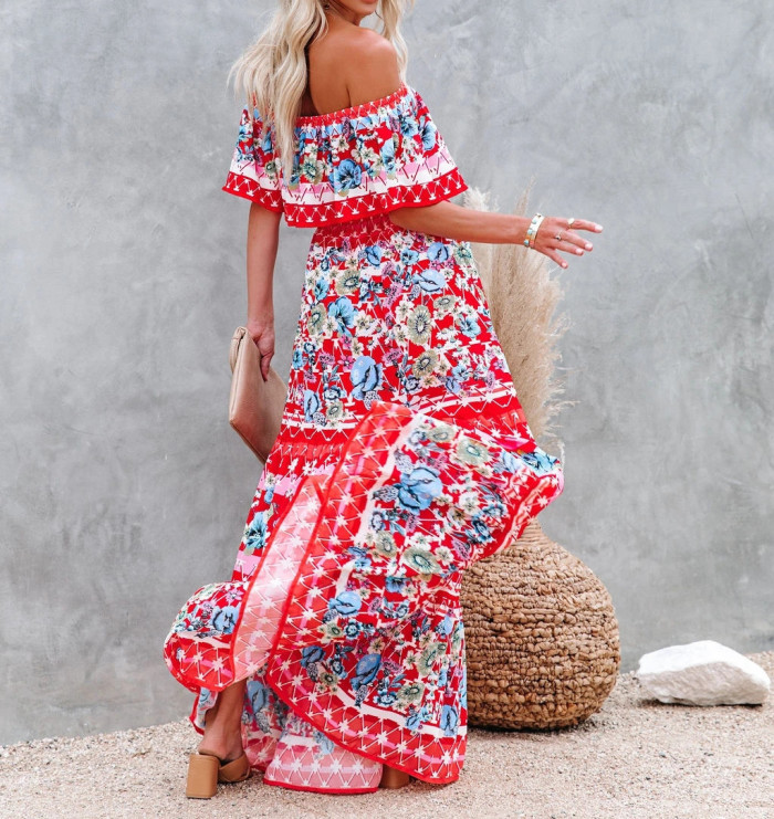 Women's One Shoulder Beach Print Dress Sexy Shawl Poncho Sleeveless Lace-up Waist Dresses Loose Holiday Party, A-line Swing Robe