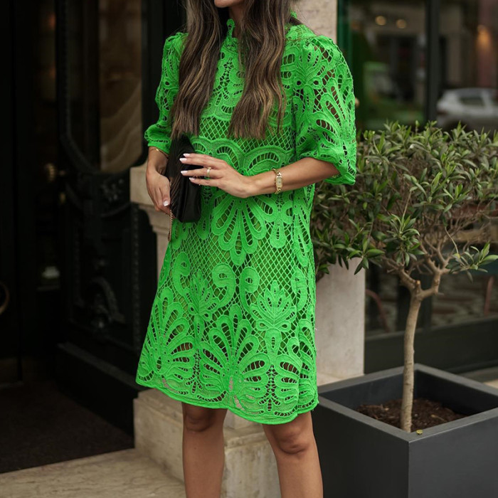 Embroidered  Elegant O Neck Half Sleeve Pullover Casual Hollow Loose Dresses