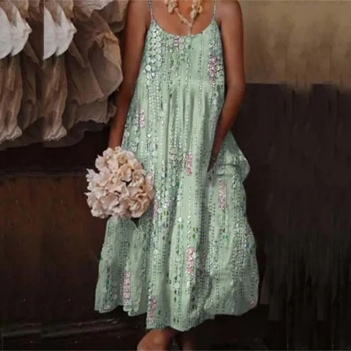 Vintage Pattern Print Spaghetti Straps Casual Crew Neck Loose Sexy Sleeveelss Long Dress