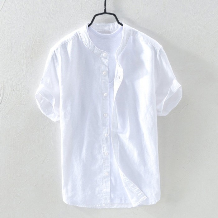 Men's Cotton Linen Solid Short Sleeve Retro Loose Button Up Shirt Blouse