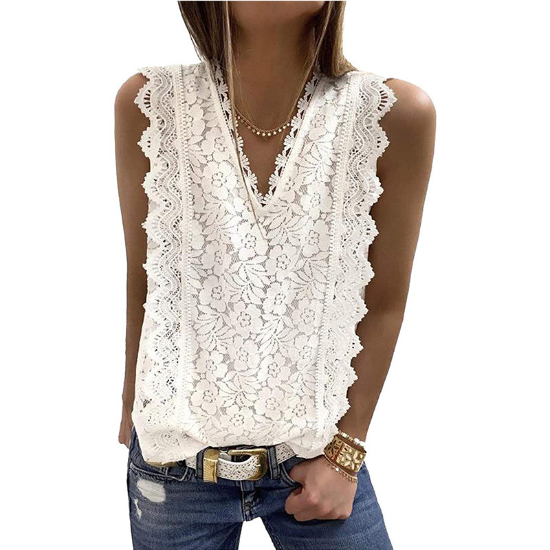 Elegant Tank Top Women Blouse Lace Embroidery White Shirts  Sexy V-neck Sleeveless Tops