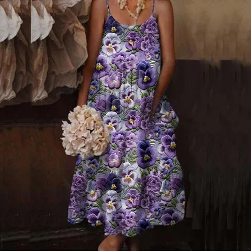 Vintage Pattern Print Spaghetti Straps Casual Crew Neck Loose Sexy Sleeveelss Long Dress