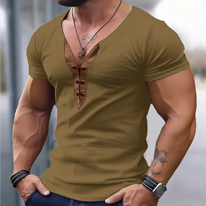 Men T-shirt Casual Soft Fitness V-Neck Short Sleeve Soild T Shirt