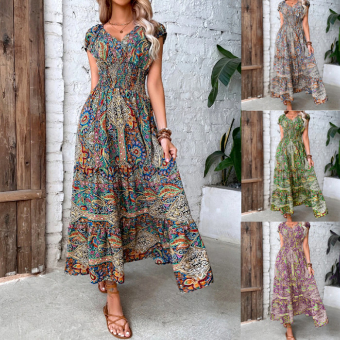 Vintage Print Boho A-Line Elegant Slim Short Sleeve Elastic Waist Holiday Party Dress