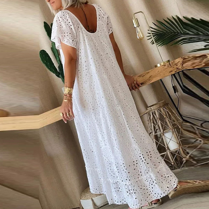Loose Short Sleeve Holiday  Casual White Swing Party  Sexy  O-neck Hollow Lace Long Dress