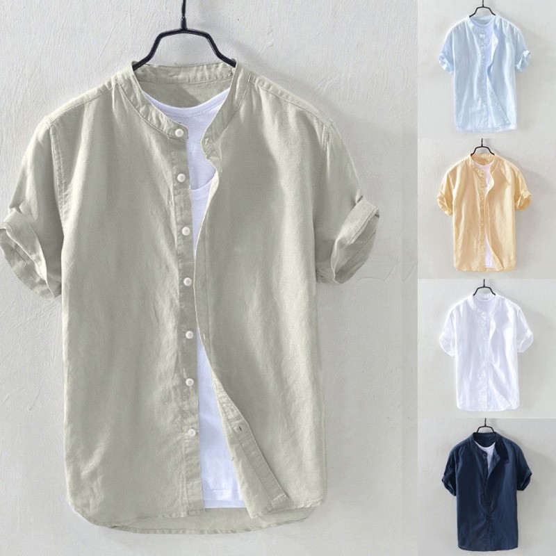 Men's Cotton Linen Solid Short Sleeve Retro Loose Button Up Shirt Blouse