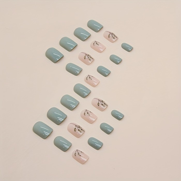 24 Pcs Glossy Short Square Press On Nails Pinkish And Green False Nails With Leaf Pattern Reusable Acrylic Fake Nails