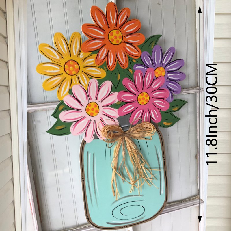 1pc Front Door Decor, Artificial Flower Wreath, For Front Doors Spring Summer Decoration, Outdoor Door Hanging In Farmhouses, Wooden Hanging Boards And Colored Flowers, Indoor Outdoor Decor