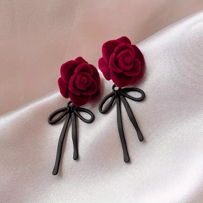 Red Flocking Rose Black Bow Design Dangle Earrings Elegant Cute Style Zinc Alloy Jewelry Trendy Female Gift