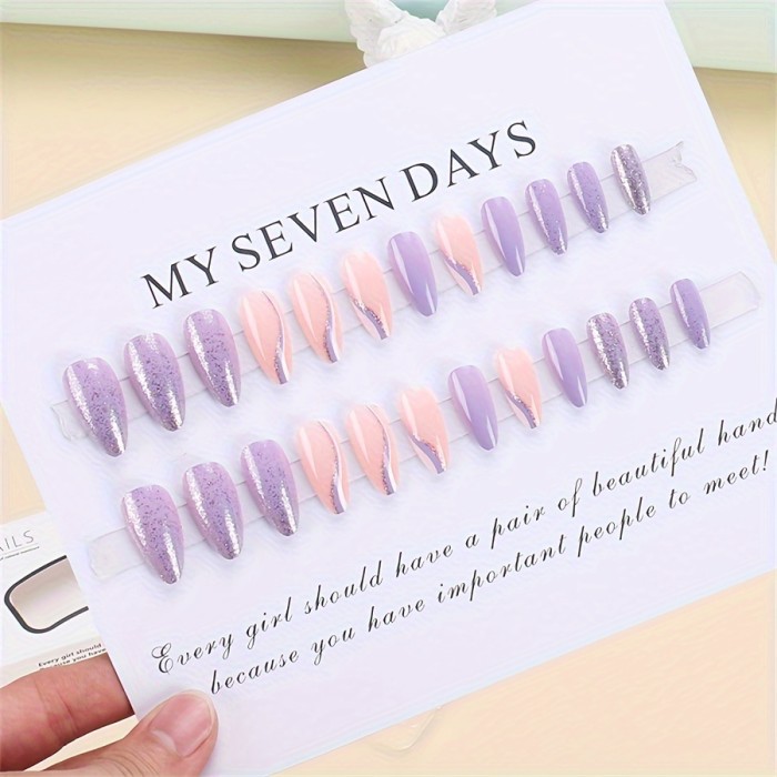 24pcs, Medium Almond Press On Nails, Violet Contrast Glitter, With 1 Jelly Glue & 1 Nail File, Perfect For Parties