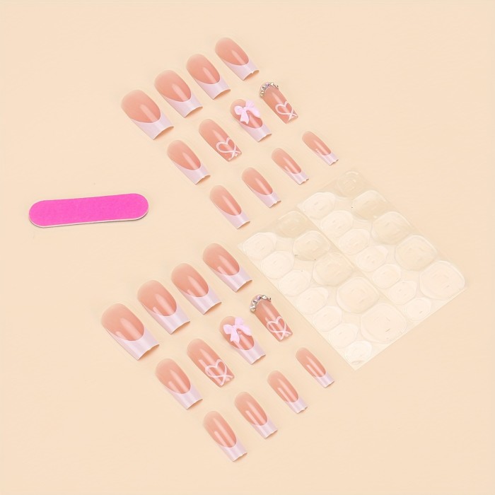 24-Piece Long Coffin False Nails Set With Pink & White French Tips, Rhinestone Accents, 3D Butterfly & Heart Designs, Jelly Glue And Nail File Included, Perfect For Parties