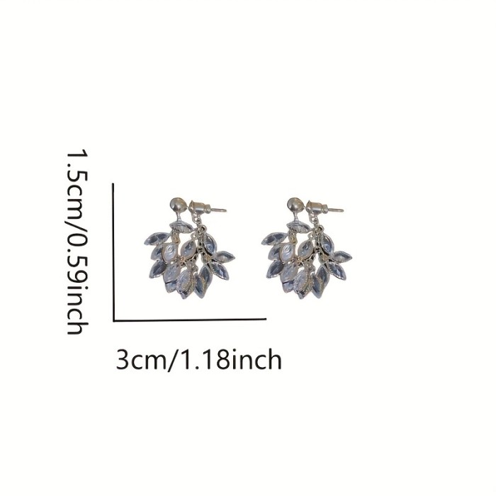 Bling Bling Leaf Tassel Hoop Earrings, Silvery Zircon Inlaid Copper Hypoallergenic Ear Jewelry, Shiny Pendant Earrings For Women