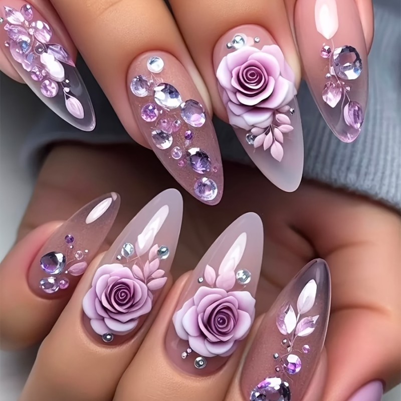 24pcs Elegant Glossy Almond Shaped Press-On Nails, Pink Floral Rhinestone Design, Faux Nails Set with Adhesive Tabs & Nail File Included