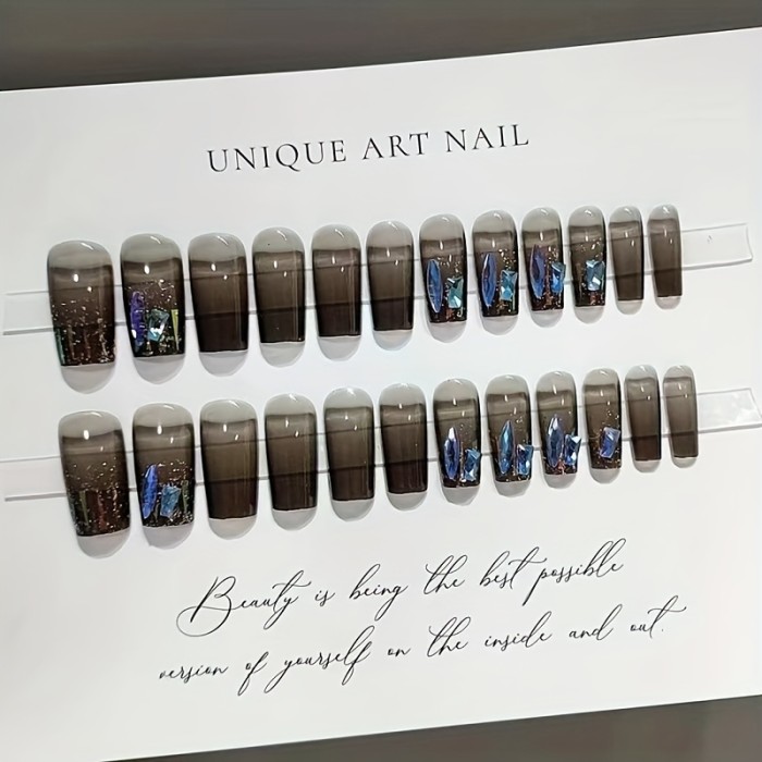 Y2K Medium Square Press On Nails, Fake Nails With 3D Blue Rhinestones, Glossy False Nails For Women And Girls, 24 Pcs