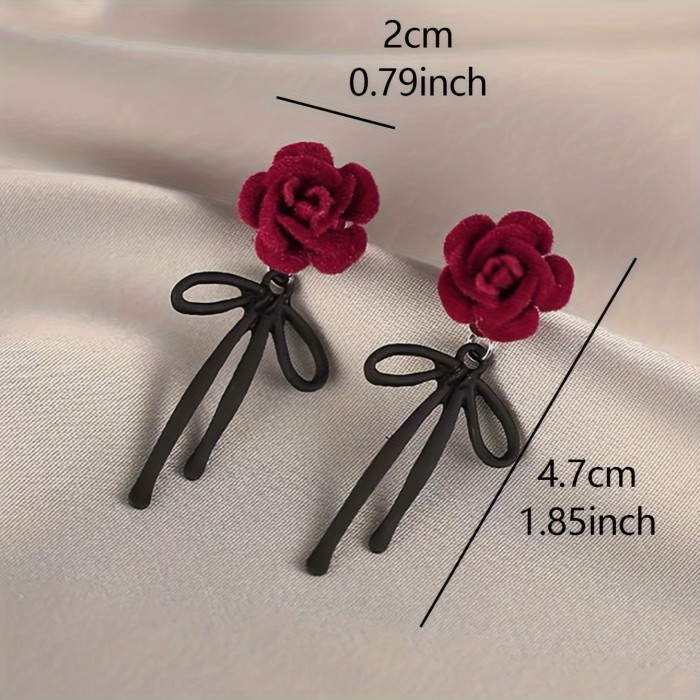 Red Flocking Rose Black Bow Design Dangle Earrings Elegant Cute Style Zinc Alloy Jewelry Trendy Female Gift