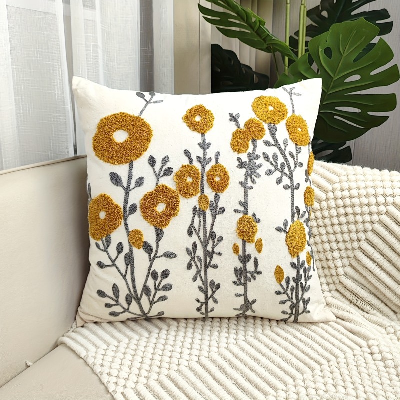 1pc Boho Floral Tufted Decorative Throw Pillow Cover - Embroidered Cotton Cushion Cover for Couch, Sofa, and Bed - Soft and Stylish
