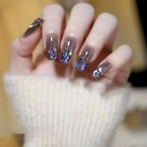 Y2K Medium Square Press On Nails, Fake Nails With 3D Blue Rhinestones, Glossy False Nails For Women And Girls, 24 Pcs