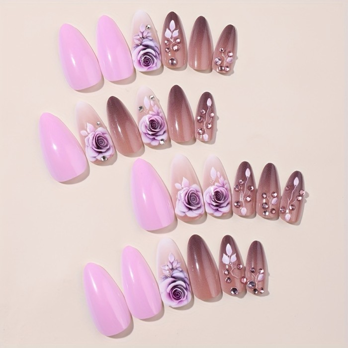 24pcs Elegant Glossy Almond Shaped Press-On Nails, Pink Floral Rhinestone Design, Faux Nails Set with Adhesive Tabs & Nail File Included
