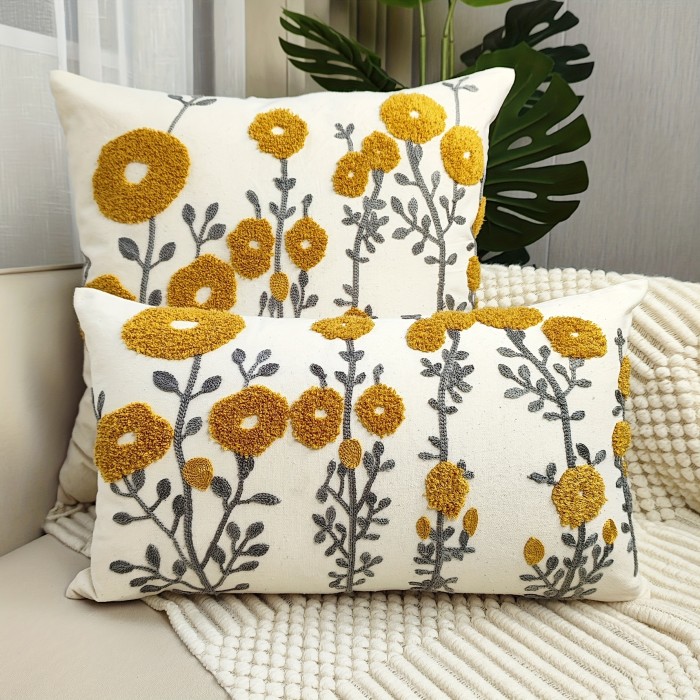 1pc Boho Floral Tufted Decorative Throw Pillow Cover - Embroidered Cotton Cushion Cover for Couch, Sofa, and Bed - Soft and Stylish
