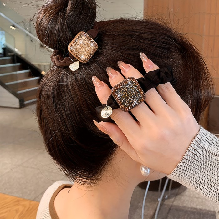 1pc Elegant Versatile Cute Hair Rope With Square Rhinestones Deocr, Sweet Fashion Simple Hair Accessories