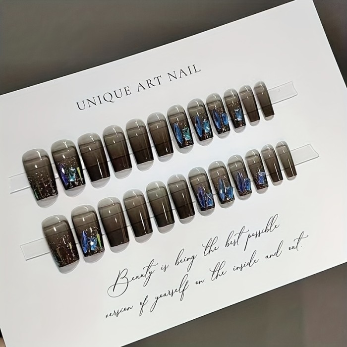 Y2K Medium Square Press On Nails, Fake Nails With 3D Blue Rhinestones, Glossy False Nails For Women And Girls, 24 Pcs