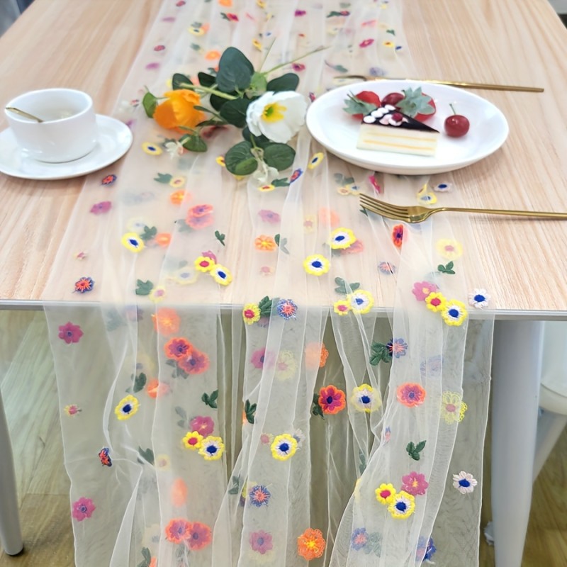1pc, Tablecloth, Pastoral Style Embroidery Craft Colorful Floral Lace Table Cloth