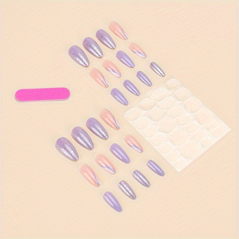 24pcs, Medium Almond Press On Nails, Violet Contrast Glitter, With 1 Jelly Glue & 1 Nail File, Perfect For Parties
