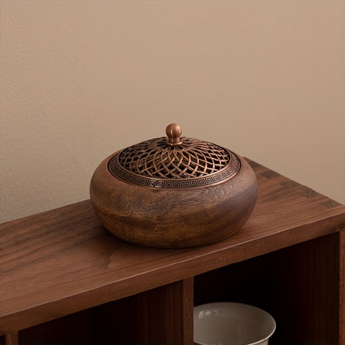 1pc South American Walnut Wood Vintage Solid Wood Round Incense Burner, High-end Atmosphere Household Indoor Aromatherapy Burner, Subdued Sandalwood Aromatherapy Incense Burner Tea Table Ornament, Creative Personality Birthday Gift