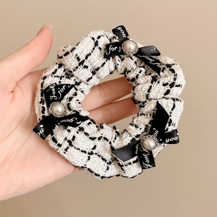1pc Small Plaid Faux Pearl Bow Large Scrunchies Hair Accessories For Girls