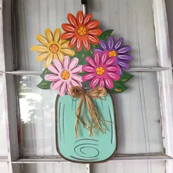 1pc Front Door Decor, Artificial Flower Wreath, For Front Doors Spring Summer Decoration, Outdoor Door Hanging In Farmhouses, Wooden Hanging Boards And Colored Flowers, Indoor Outdoor Decor