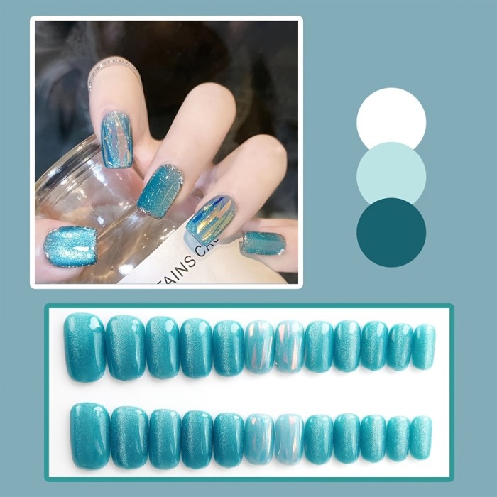 Sea Blue Sparkle Press On Nails Short Fake Nails Luxury Square Glue On Nails With Cat Eye Effect Full Cover Acrylic Nails