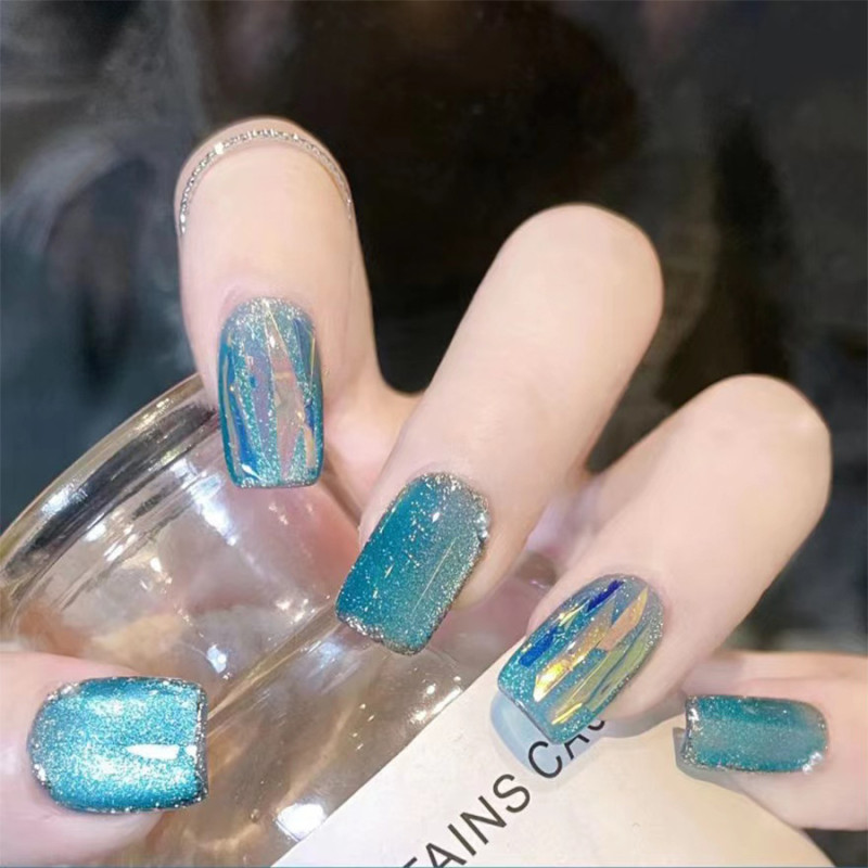 Sea Blue Sparkle Press On Nails Short Fake Nails Luxury Square Glue On Nails With Cat Eye Effect Full Cover Acrylic Nails