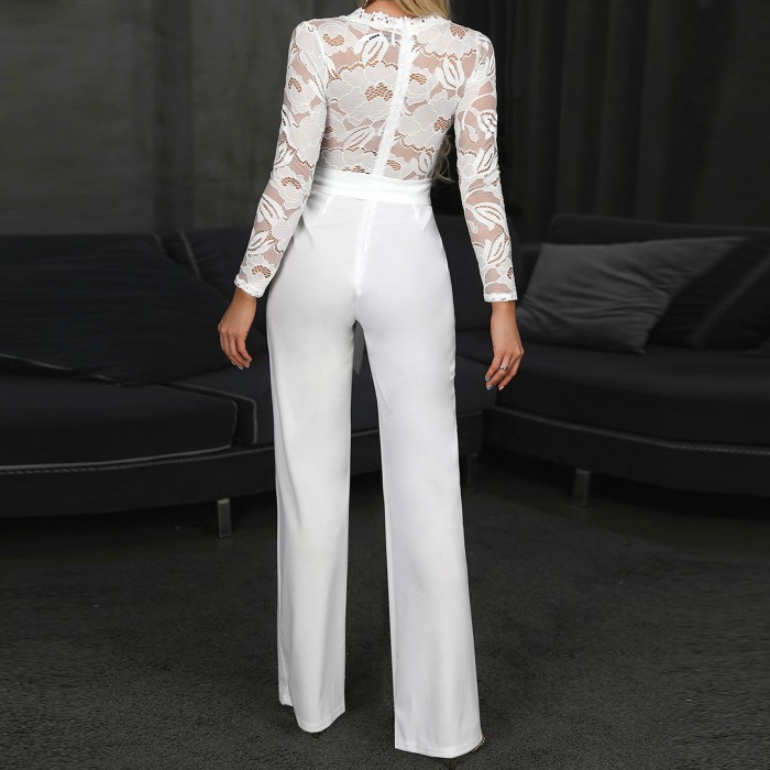 Sexy Lace V Neck Belted Jumpsuit Elegant Lady Wide Leg Overalls Fashion Casual White Playsuit