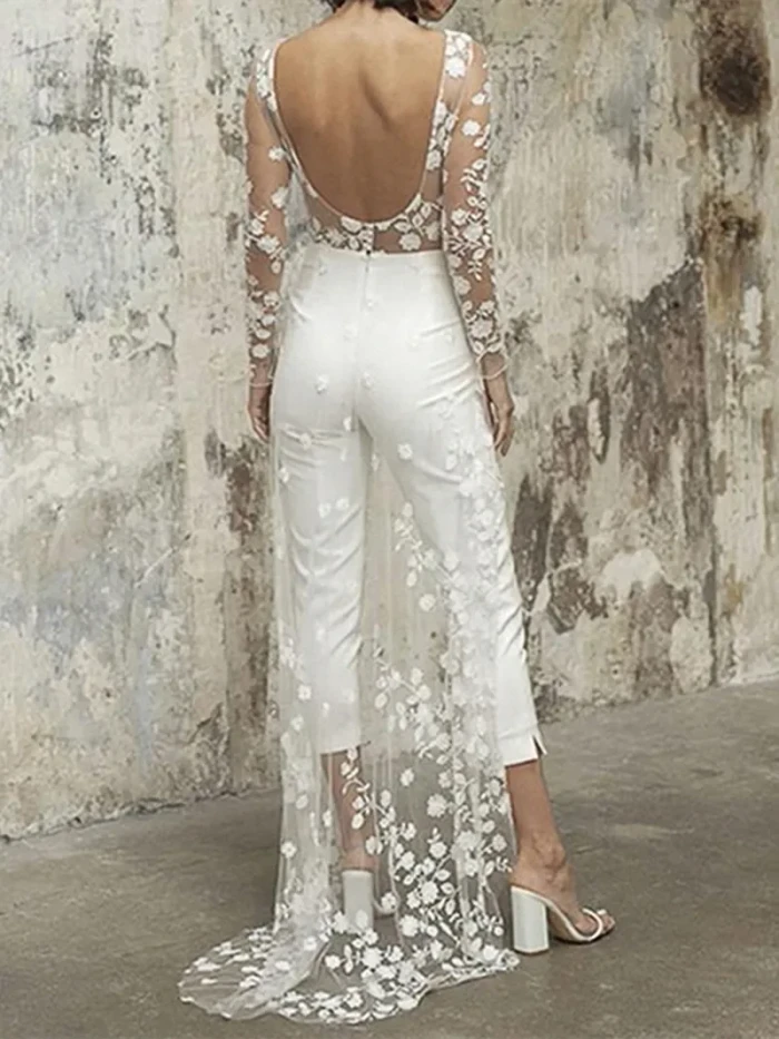 Lace Windbreaker Jumpsuit Fake 2 Piece Party Full Sleeve Wedding  Playsuits Sexy One Piece Pants Overalls