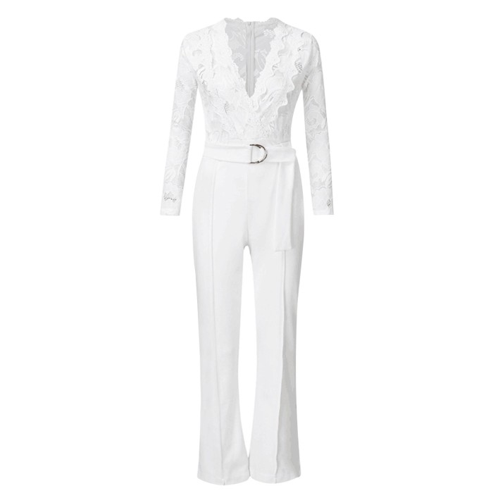 Sexy Lace V Neck Belted Jumpsuit Elegant Lady Wide Leg Overalls Fashion Casual White Playsuit