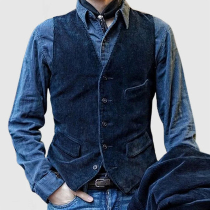 Vintage Corduroy Solid Color Vest Coat Mens Spring Casual Buttoned V Neck Sleeveless Jackets For Men Office Fashion Waistcoats