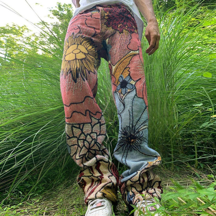 Men's Graphic Print Fashion Zipper Mid-Rise Straight Casual Retro Loose Pants