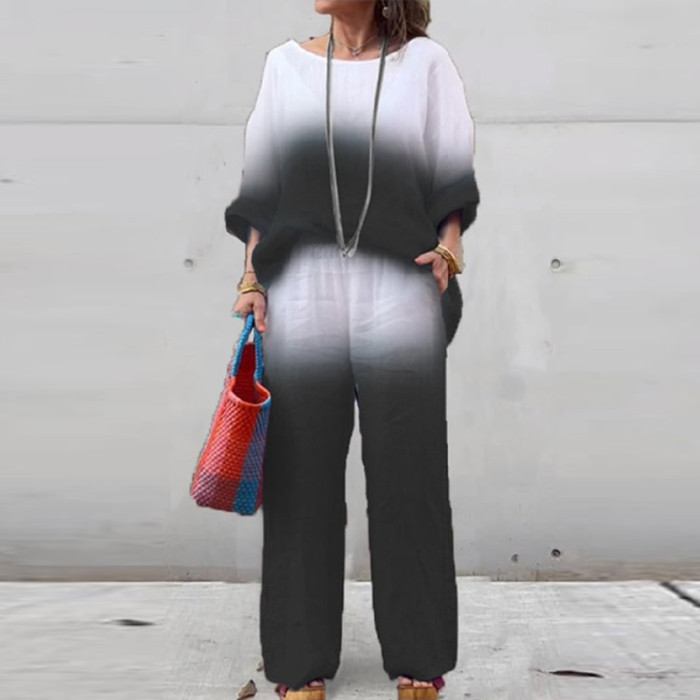 Casual Cotton Linen Outfits Female O Neck Pullover+Wide Leg Pants 2pc Set Fashion Gradient Loose Sets