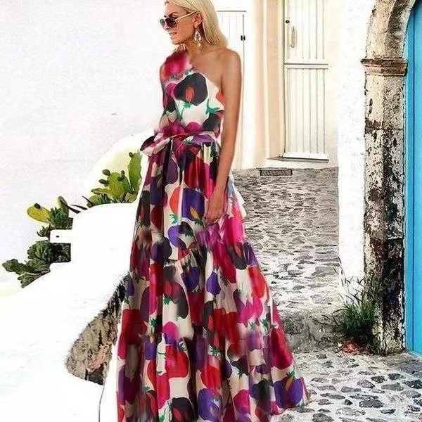 Printed Elegant Chic A-line Pleated Party Dress Summer One-Shoulder Prom Evening Maxi Dresses