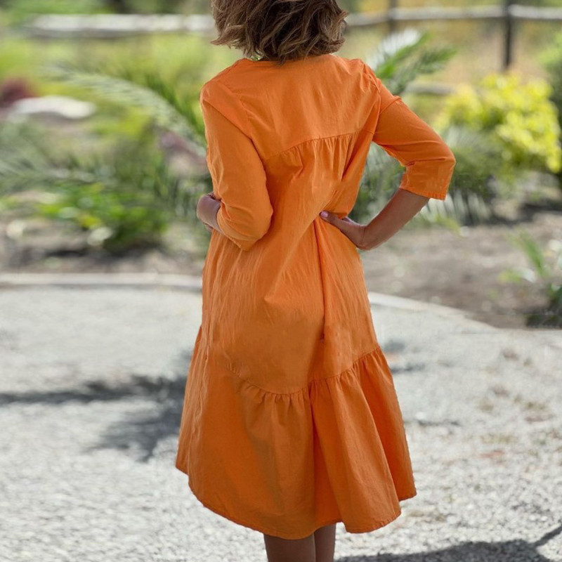 Casual Solid Color Pleated Fashion V Neck High Street Pullover Loose Cotton Linen Big Hem Irregular Dress