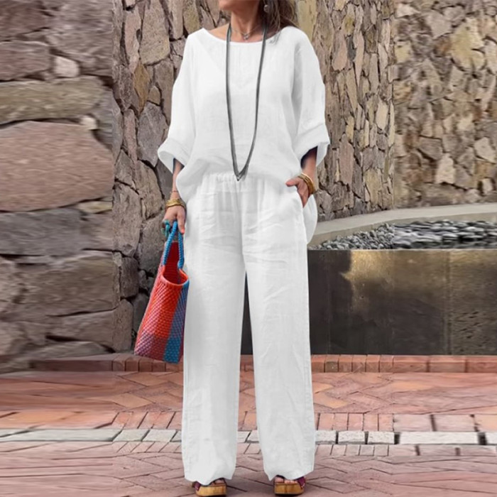 Casual Cotton Linen Outfits Female O Neck Pullover+Wide Leg Pants 2pc Set Fashion Gradient Loose Sets