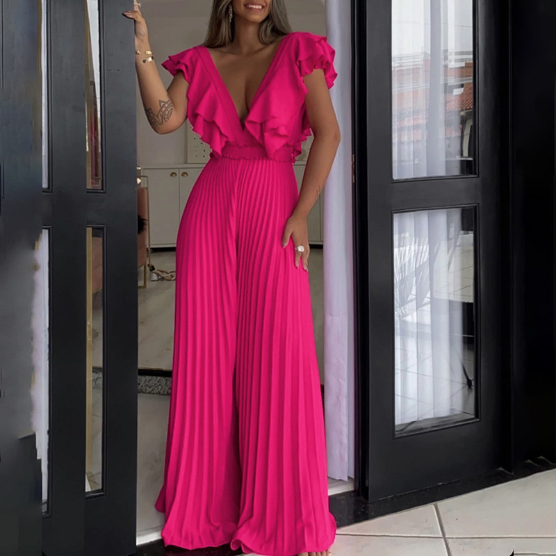 Elegant Fashion  High Waist Pleat Pant Overall Female Solid Deep V-Neck Commuting Jumpsuits