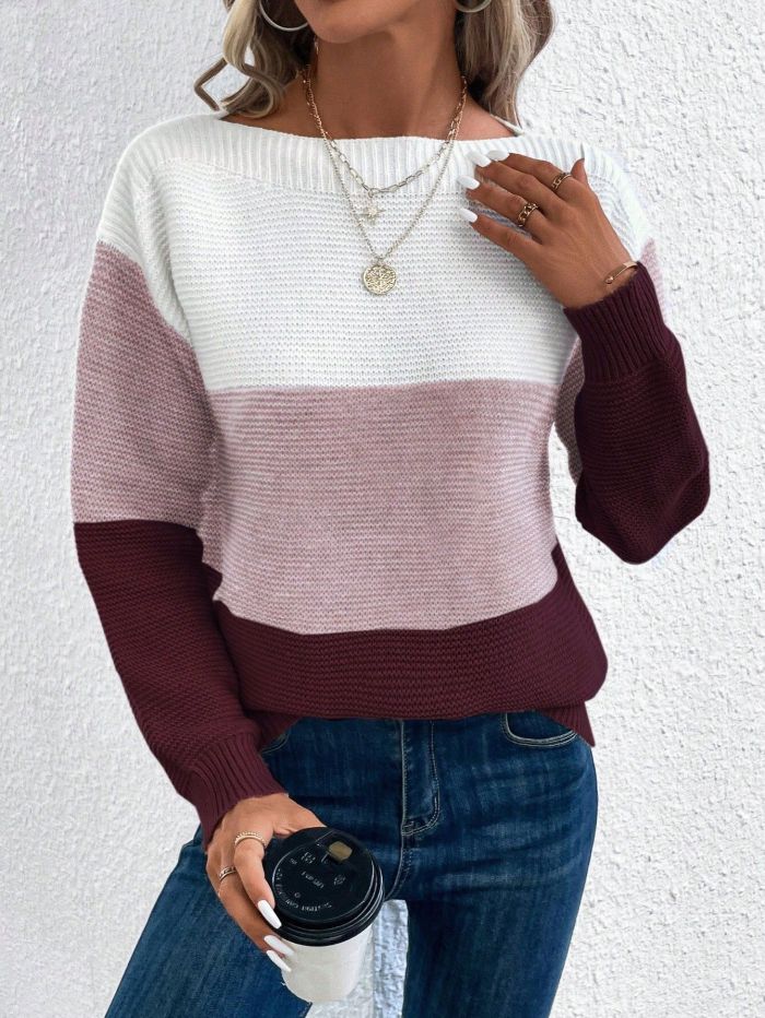 Female O Neck Long Sleeve Knitted Elegant Contrasting Colors Loose Tops Sweater