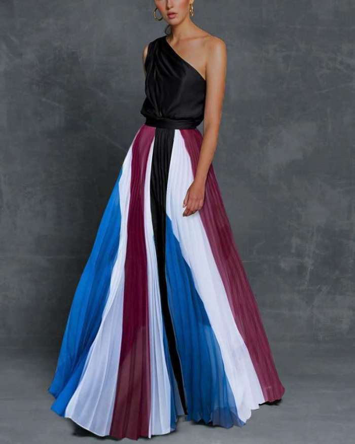 Printed Elegant Chic A-line Pleated Party Dress Summer One-Shoulder Prom Evening Maxi Dresses